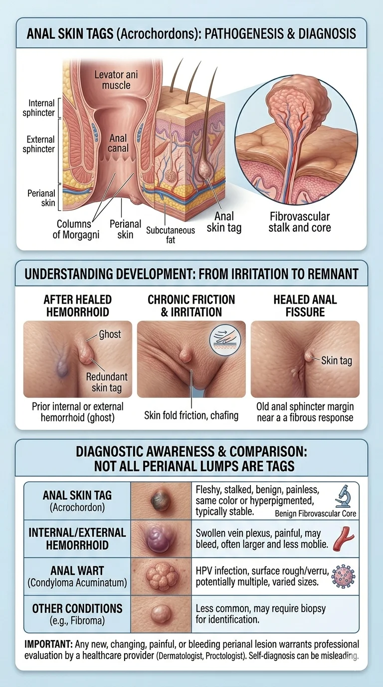 Anal Skin Tags Medical educational visualization explaining anal skin tags, diagnosis considerations, and healthcare consultation.