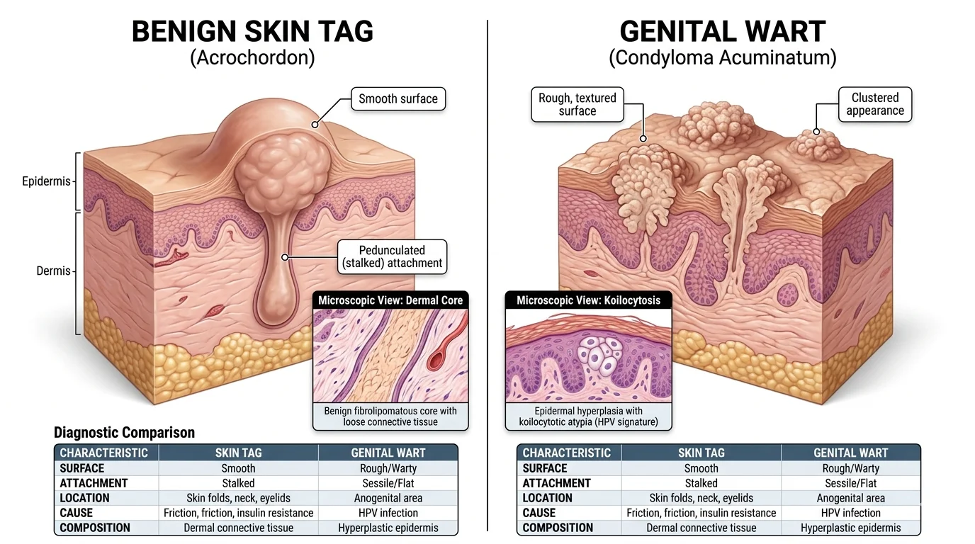 Benign Skin Tags and Warts Educational comparison illustrating differences between benign skin tags and genital warts using medical diagrams.