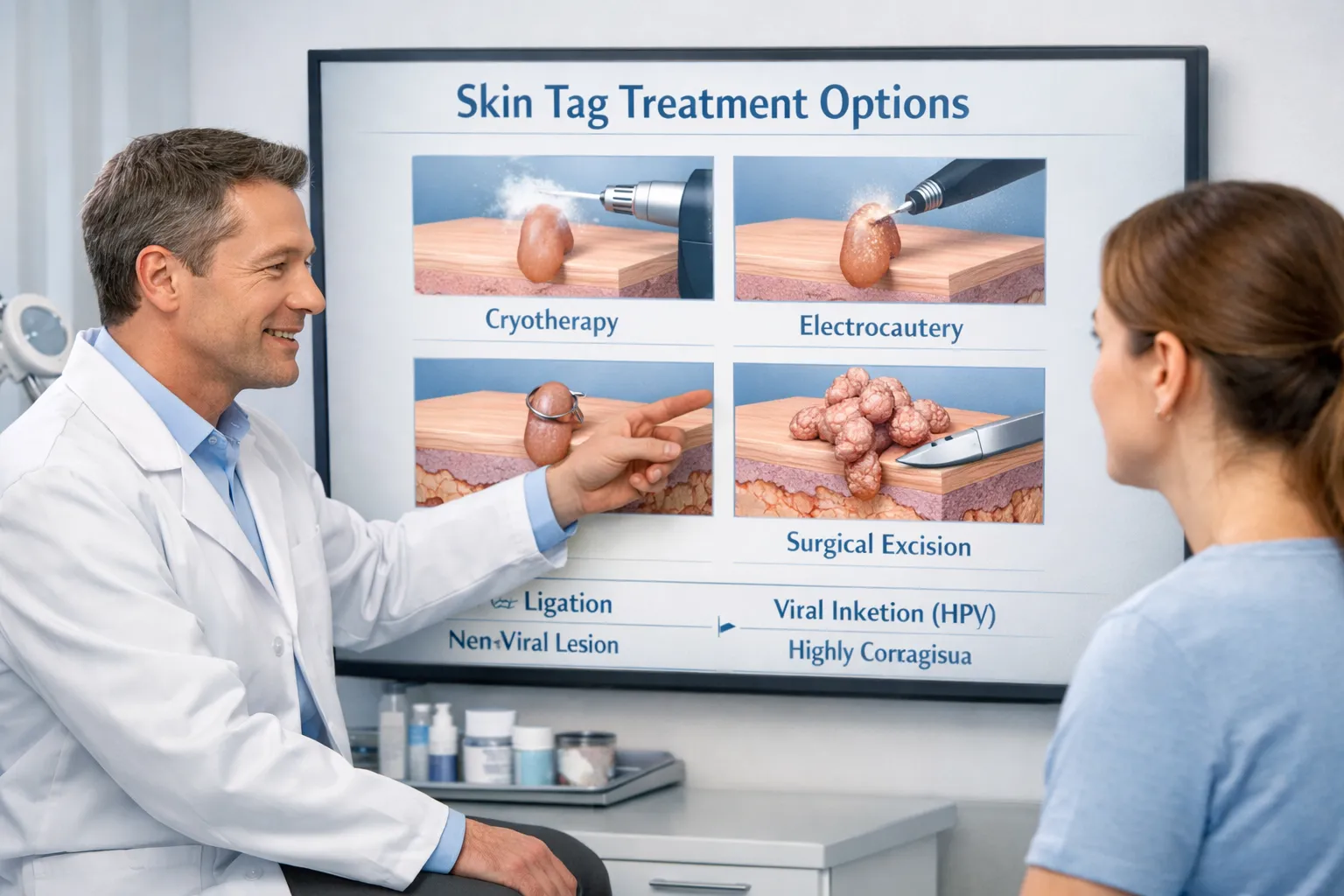 How to Remove Skin Tags options Medical visualization showing common professional skin tag removal techniques used in dermatology clinics.