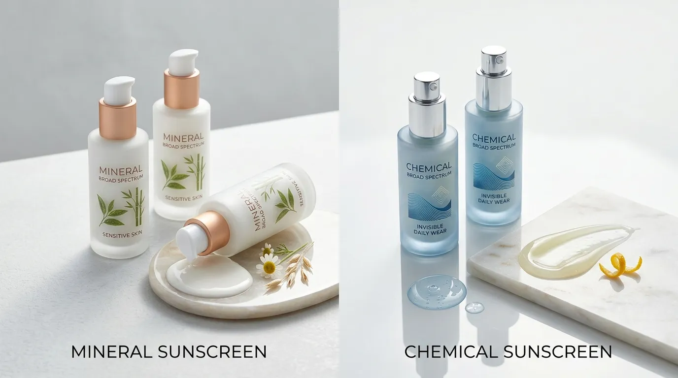 Mineral and chemical sunscreen products displayed side by side illustrating different sunscreen protection technologies.