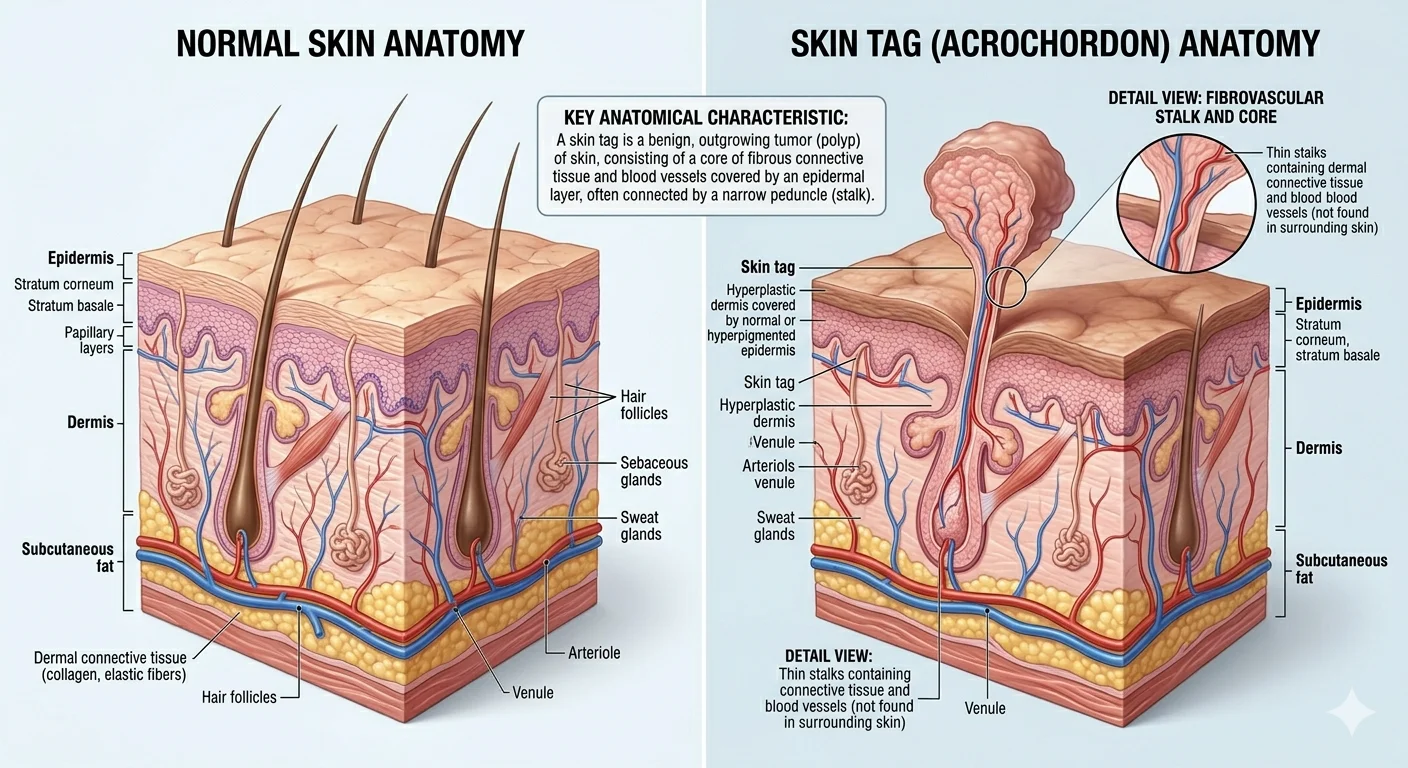 Normal Skin and Acrochordons (Skin Tags) Anatomy Medical cross-section showing the structure of a skin tag compared with normal skin tissue.