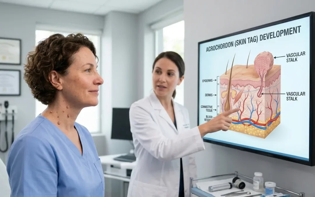Medical illustration showing common skin tags on the neck and skin folds with dermatology-focused educational visualization.