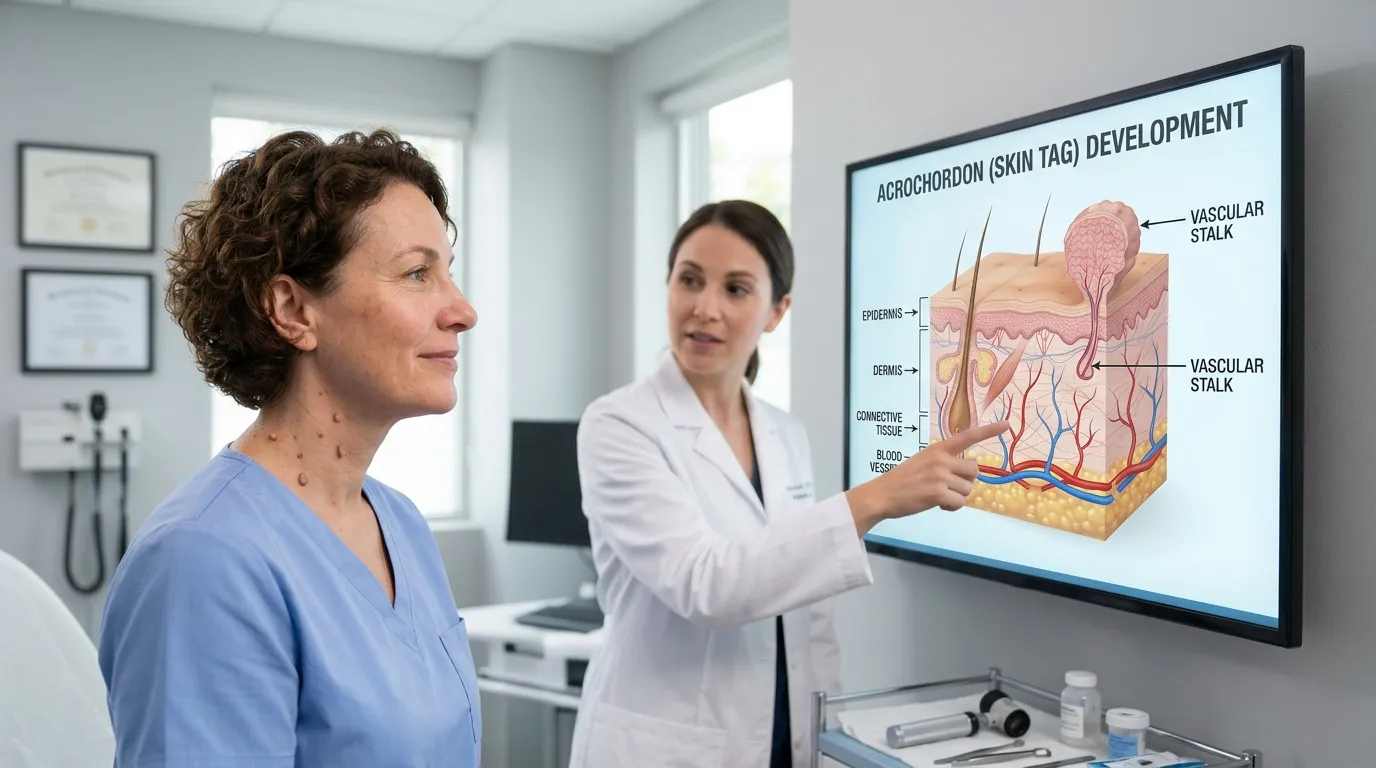 Medical illustration showing common skin tags on the neck and skin folds with dermatology-focused educational visualization.