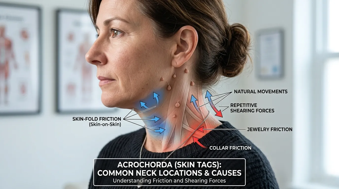 Skin Tags Location on Neck Educational visualization explaining what skin tags are and where they commonly develop on the body.