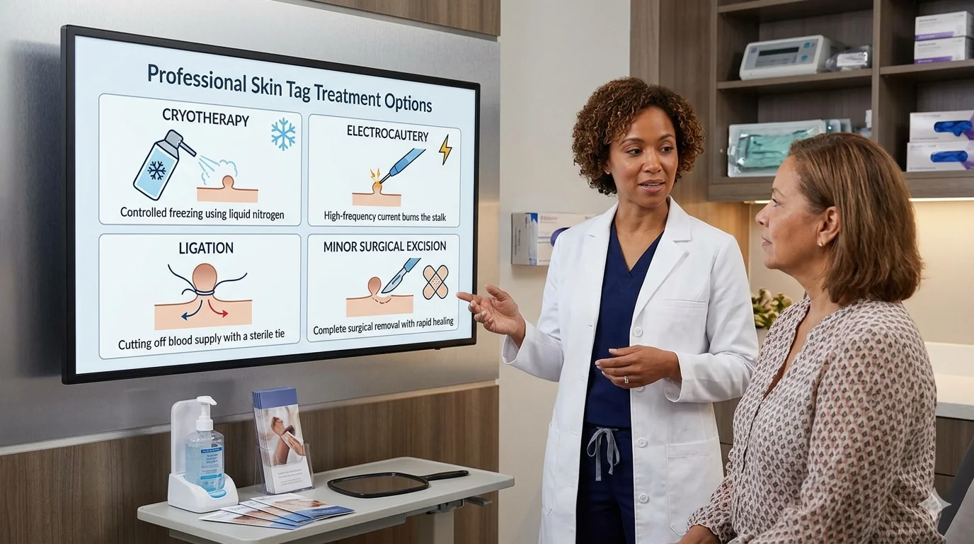 Medical visualization on how to remove skin tags? Showing common professional skin tag removal techniques used in dermatology clinics.