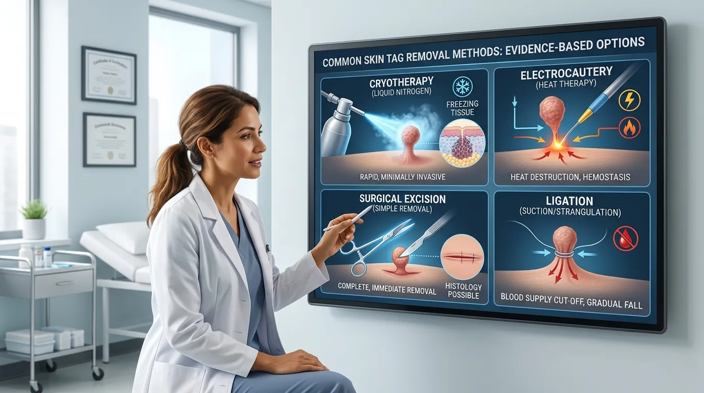 Skin Tags Removal common methods Medical comparison of cryotherapy, electrocautery, surgical excision, and ligation for skin tags removal.