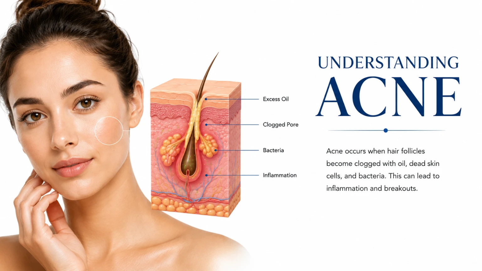 Common Acne Triggers Infographic summarizing the most common acne triggers including hormones, genetics, stress, diet, medications, skincare products, and friction.