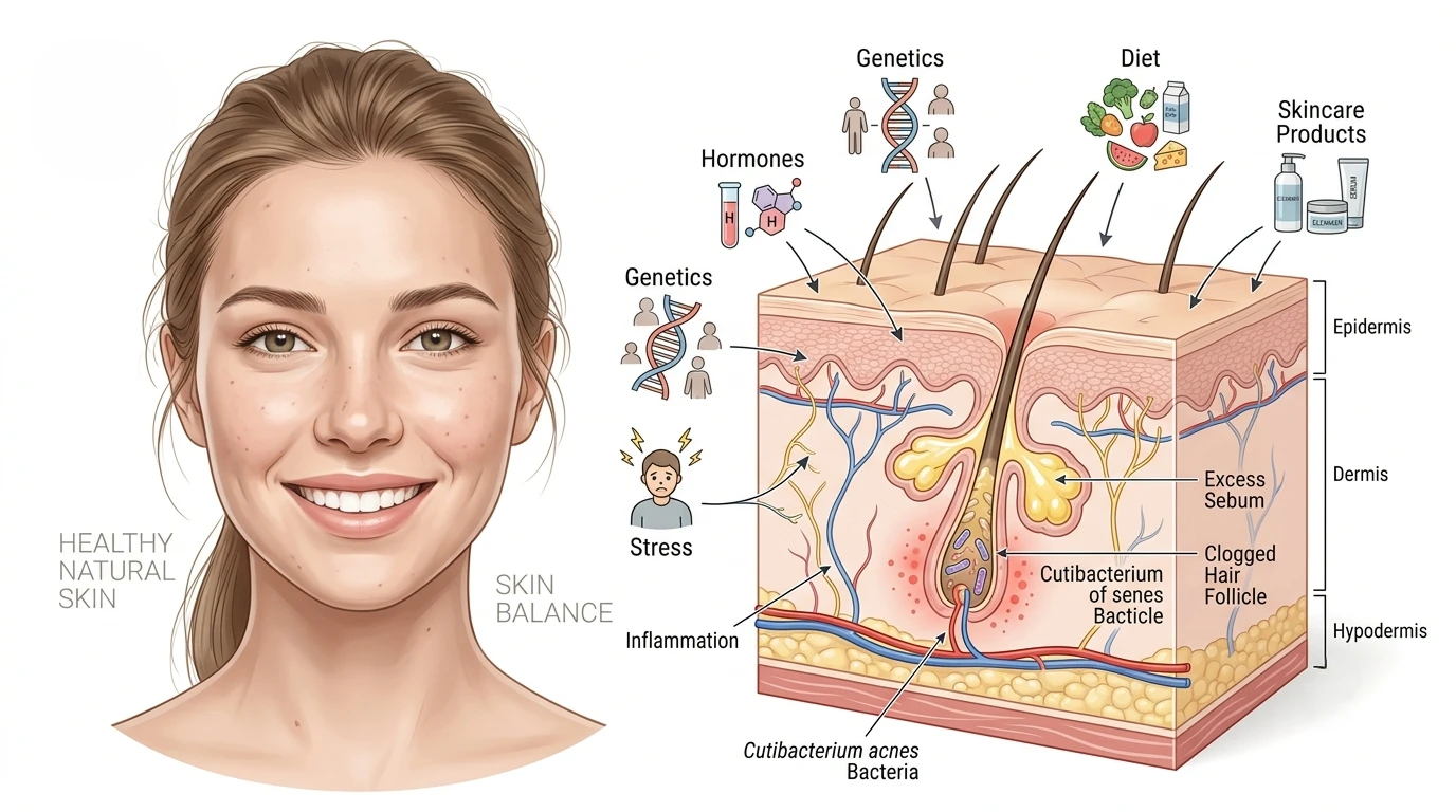 Illustration showing the major biological and lifestyle causes of acne, including hormones, excess oil, clogged pores, bacteria, inflammation, stress, genetics, and skincare habits.