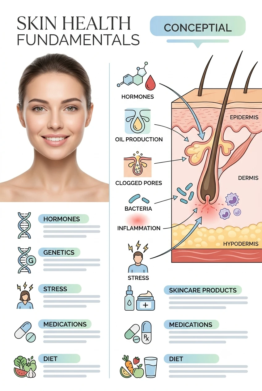 Common Acne Triggers Infographic summarizing the most common acne triggers including hormones, genetics, stress, diet, medications, skincare products, and friction.