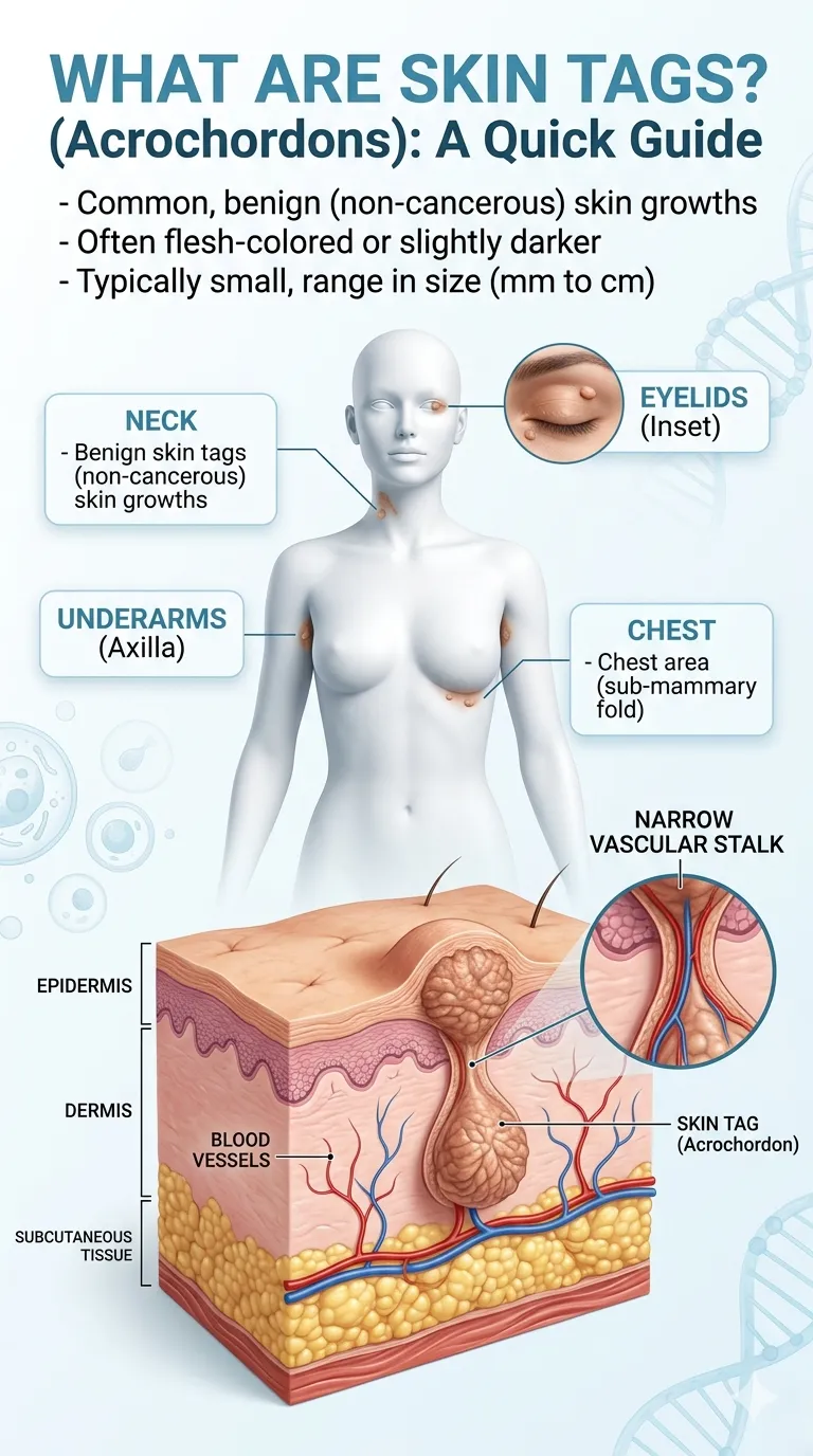 What are Skin Tags Educational visualization explaining what skin tags are and where they commonly develop on the body.
