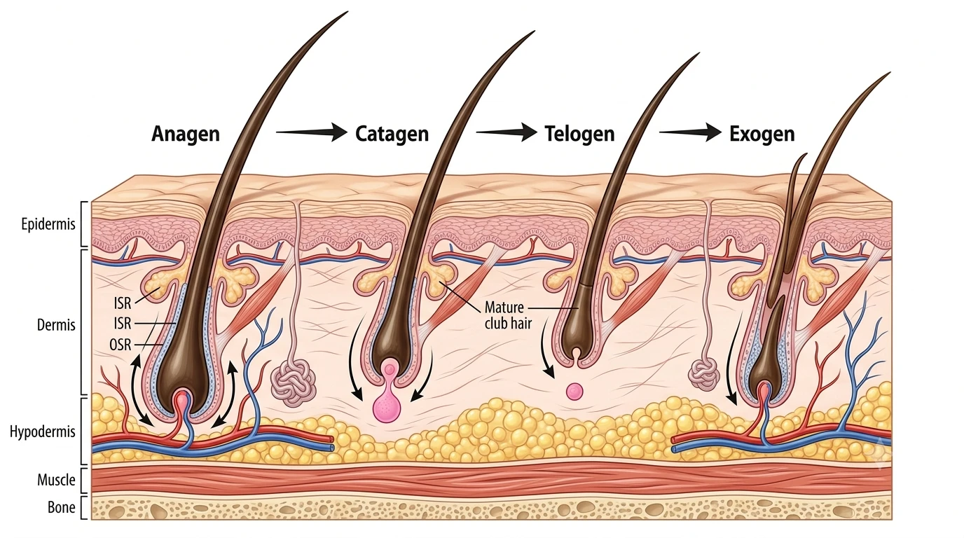 hair-growth-cycle-guide Medical illustration of the human hair growth cycle showing the anagen, catagen, telogen, and exogen phases.