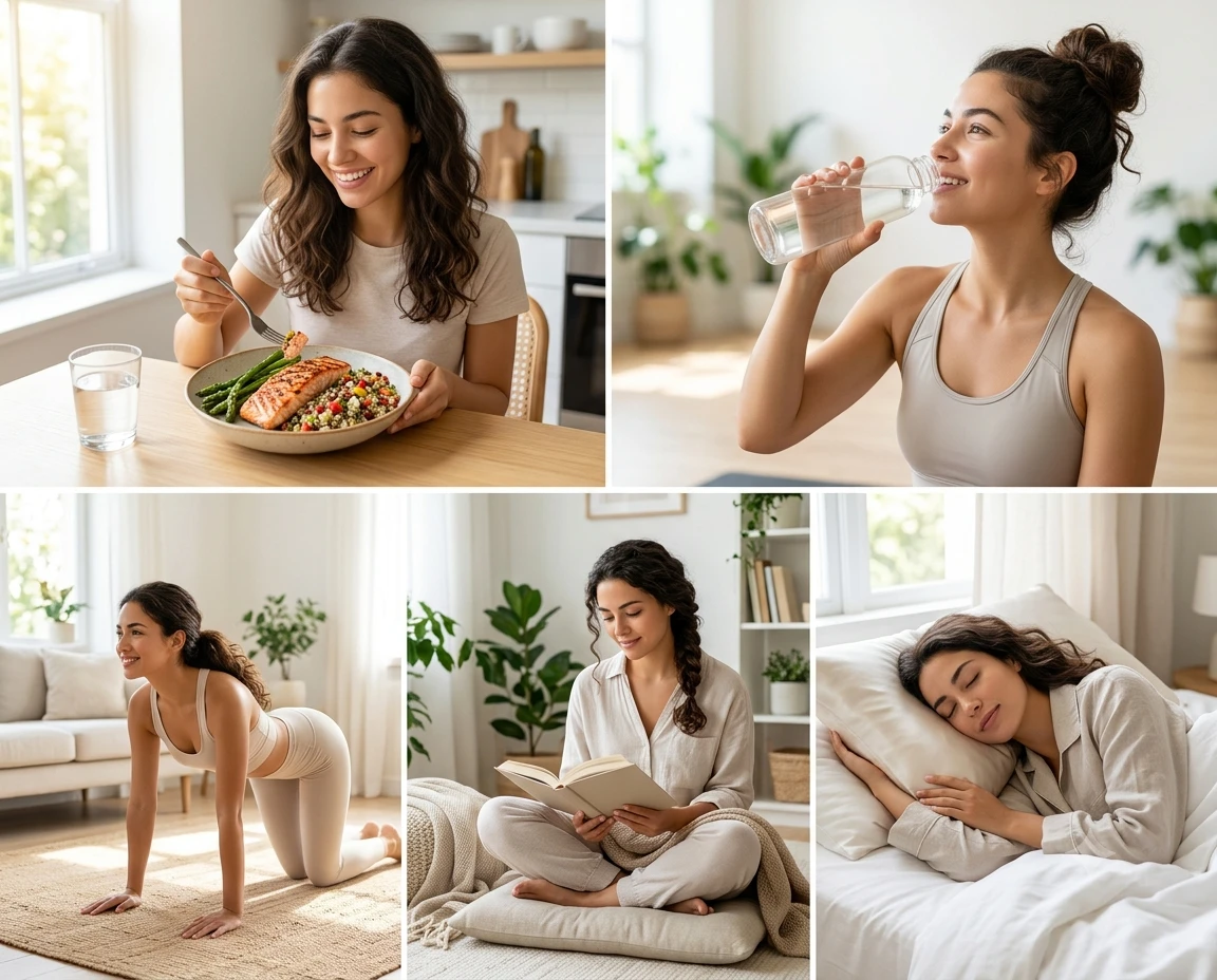 healthy-hair-lifestyle Healthy lifestyle habits that support strong hair, including balanced nutrition, hydration, exercise, stress management, and adequate sleep.