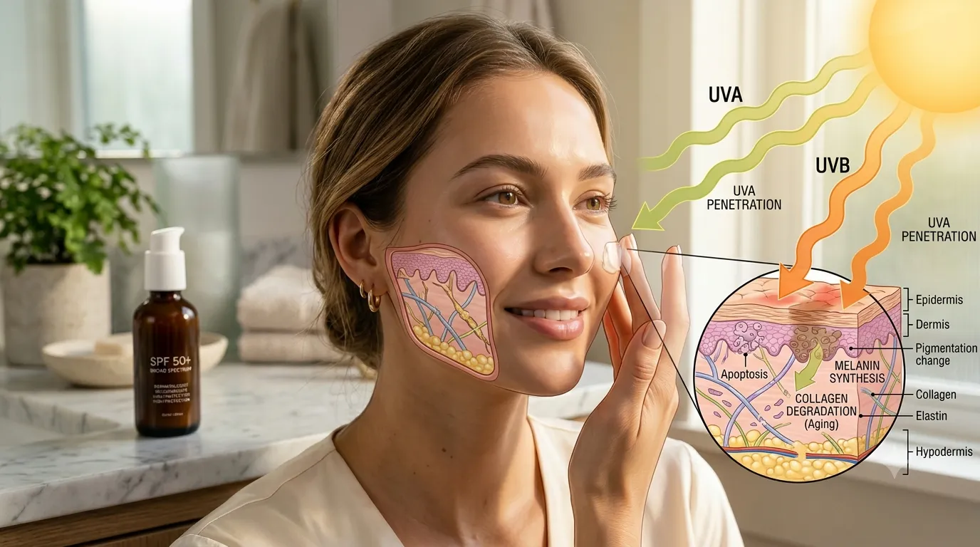 Educational visualization comparing UVA and UVB radiation effects on skin layers and long-term sun damage.