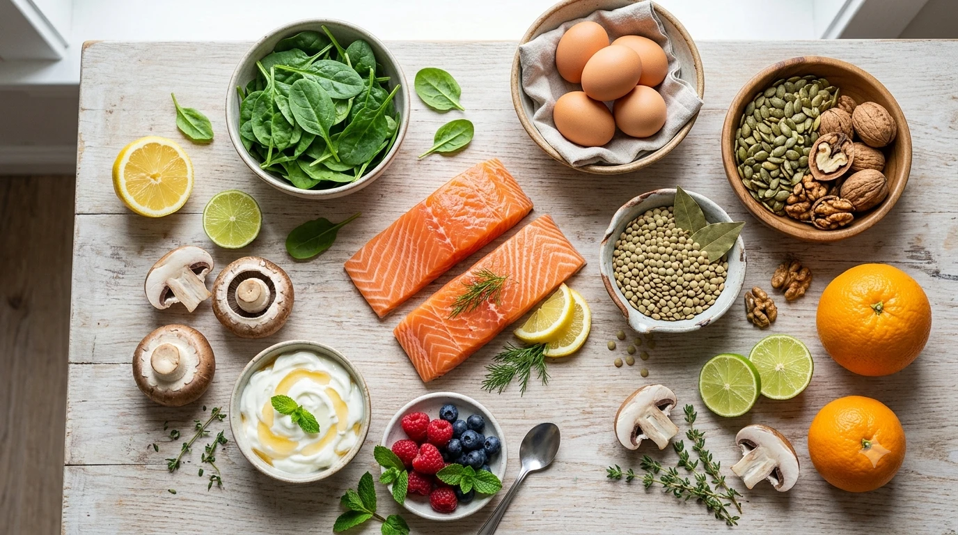vitamins-and-minerals-for-hair Healthy foods naturally rich in protein, iron, zinc, biotin, vitamin D, and omega-3 fatty acids.
