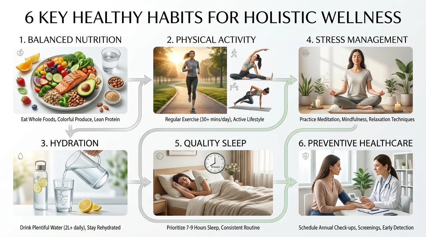 Daily Wellness Habits for Better Health Illustration showing healthy eating, exercise, hydration, sleep, stress management, and preventive healthcare supporting long-term wellness.