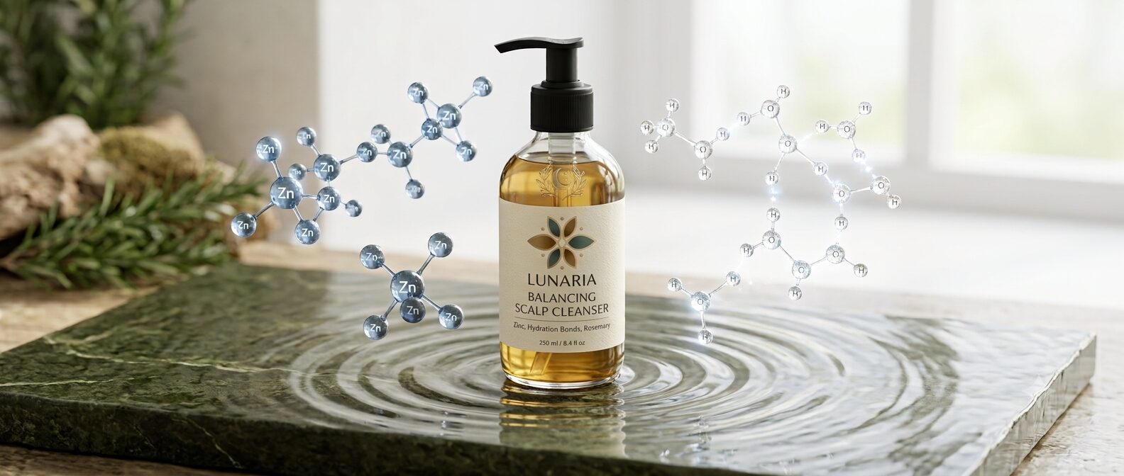 Lunaria Organics Balancing Scalp Cleanser bottle for target-specific dandruff treatment.