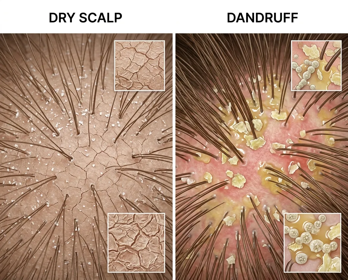 Dry Scalp vs Dandruff Comparison- Microscopic view of an oily dandruff scalp transitioning to a clear, healthy skin barrier.
