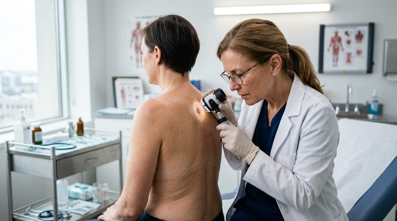 Dermatologist examining a suspicious skin lesion during a professional skin cancer screening.
