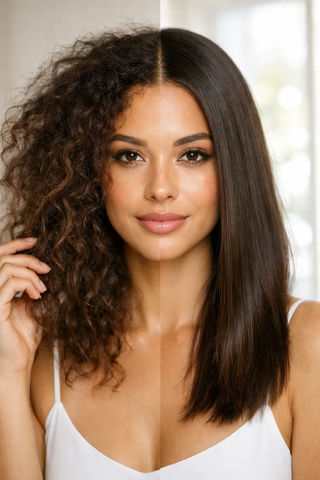 frizzy-hair-care-tips-vertical Vertical beauty image showing a daily anti-frizz hair care routine.