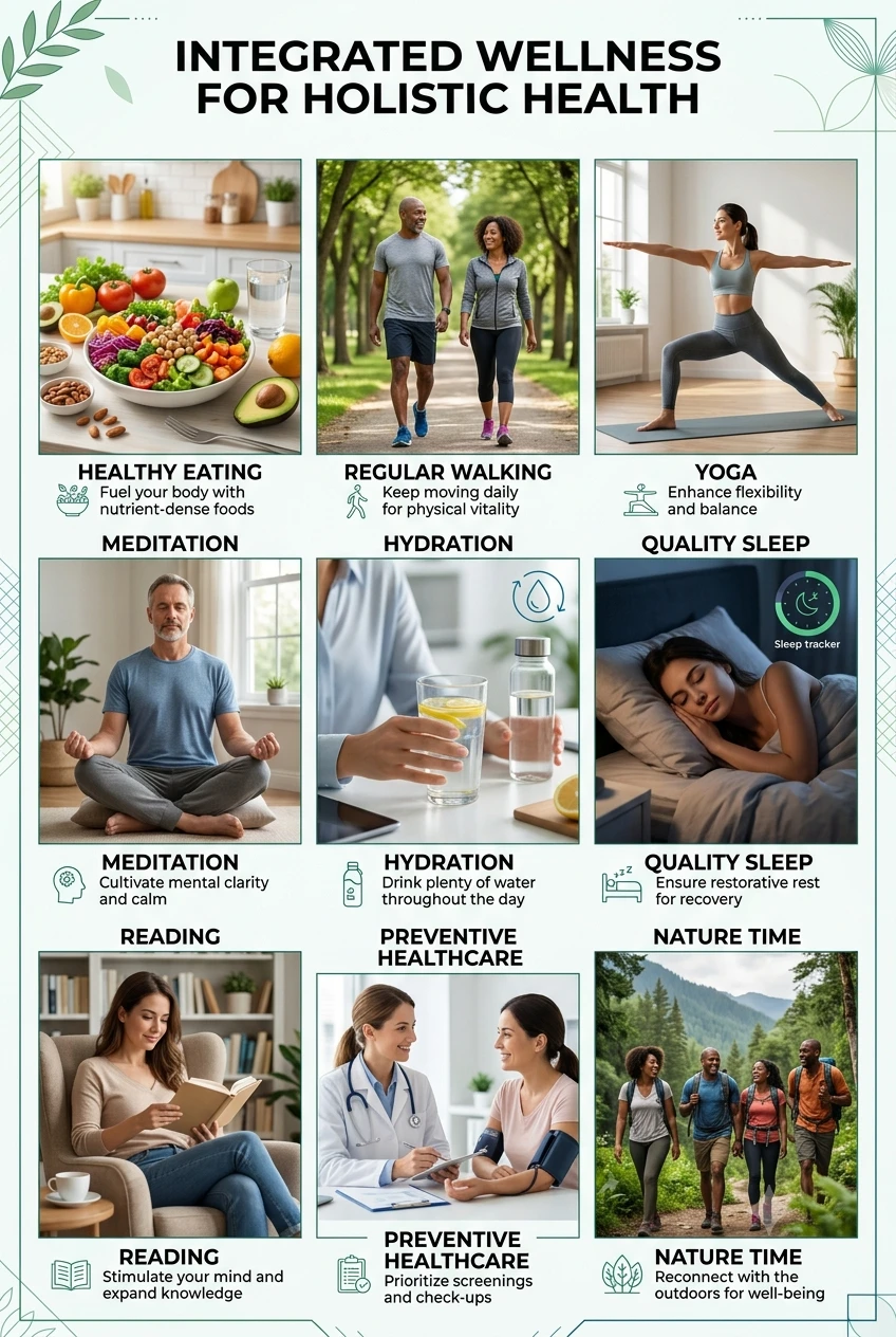 Health and Wellness Tips Educational infographic presenting practical health and wellness tips for improving overall well-being.