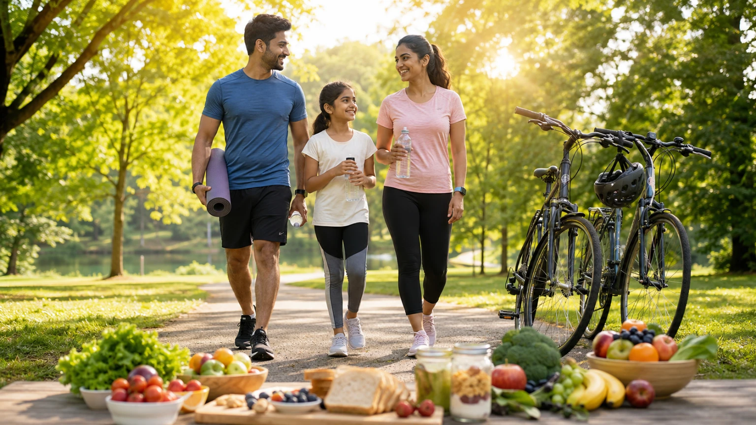 Healthy man and woman enjoying an active lifestyle with nutritious foods, outdoor exercise, hydration, quality sleep, and mindfulness representing a healthy lifestyle.