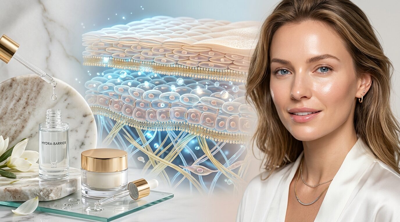 How Niacinamide Works in the Skin Scientific illustration showing how niacinamide supports the skin barrier, reduces water loss, regulates oil production, and promotes healthier skin.