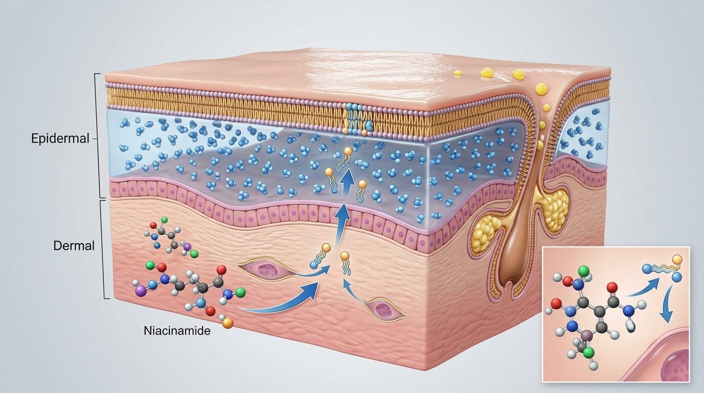 Niacinamide and Skin Barrier Health Healthy skin barrier represented through hydrated skin and protective epidermal structure supported by niacinamide.