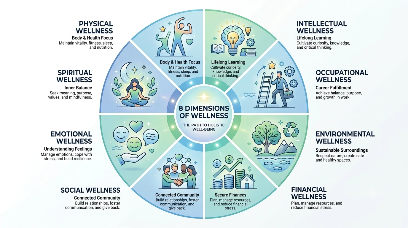 The 8 Dimensions of Wellness Infographic showing the eight dimensions of wellness including physical, emotional, mental, social, intellectual, occupational, financial, and environmental wellness.
