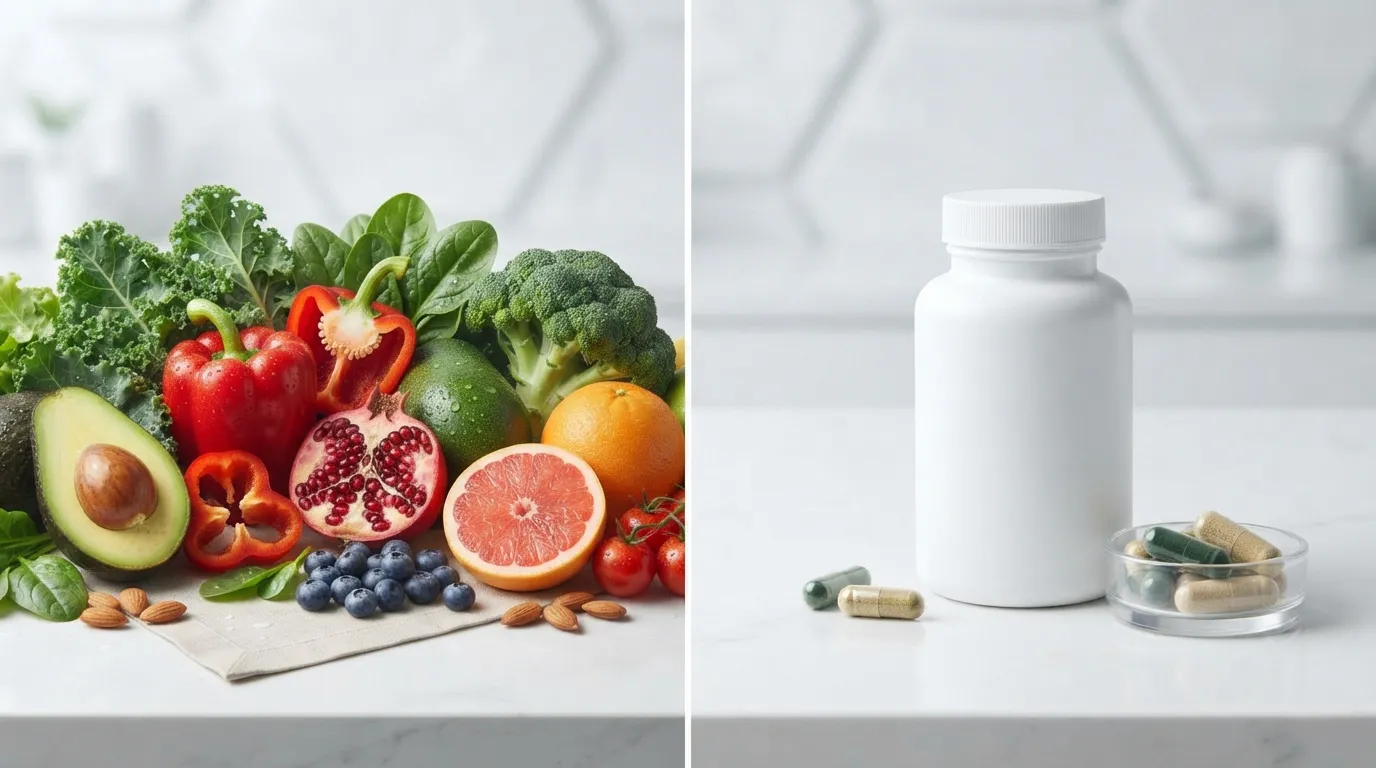 Fresh fruits beside vitamin C supplement bottle illustrating food-first nutrition.