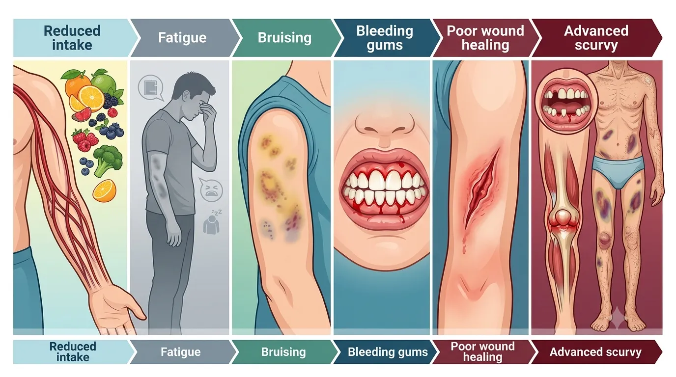 Vitamin-c-deficiency-progression Medical illustration showing the progression from low vitamin C intake to scurvy.
