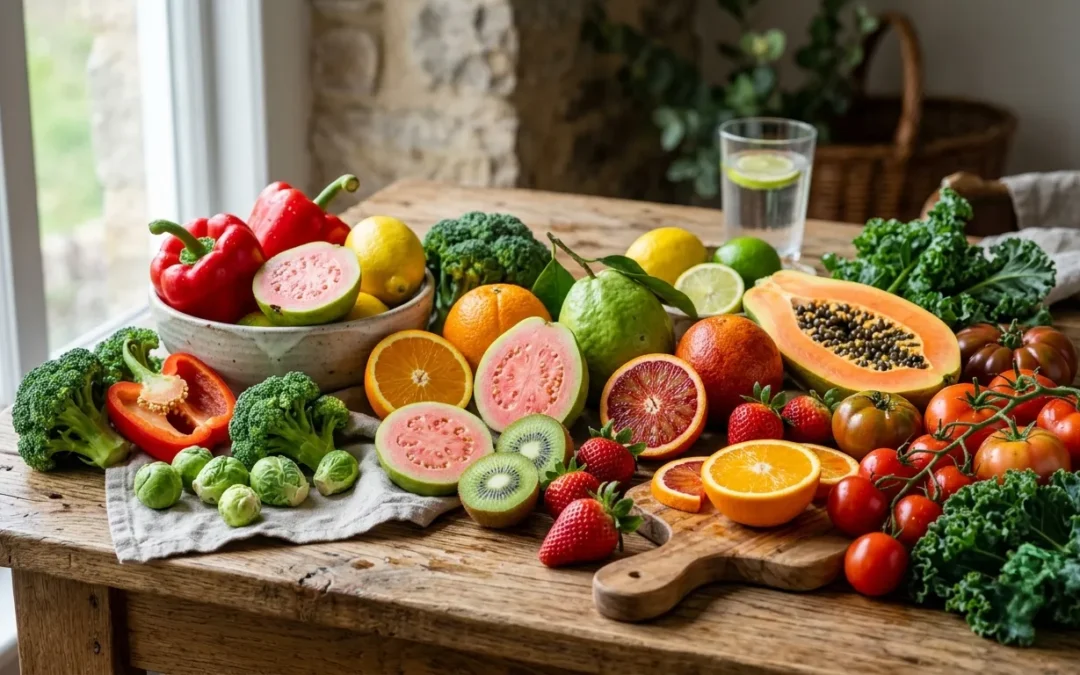 Colorful assortment of fresh fruits and vegetables naturally rich in vitamin C displayed on a wooden table.