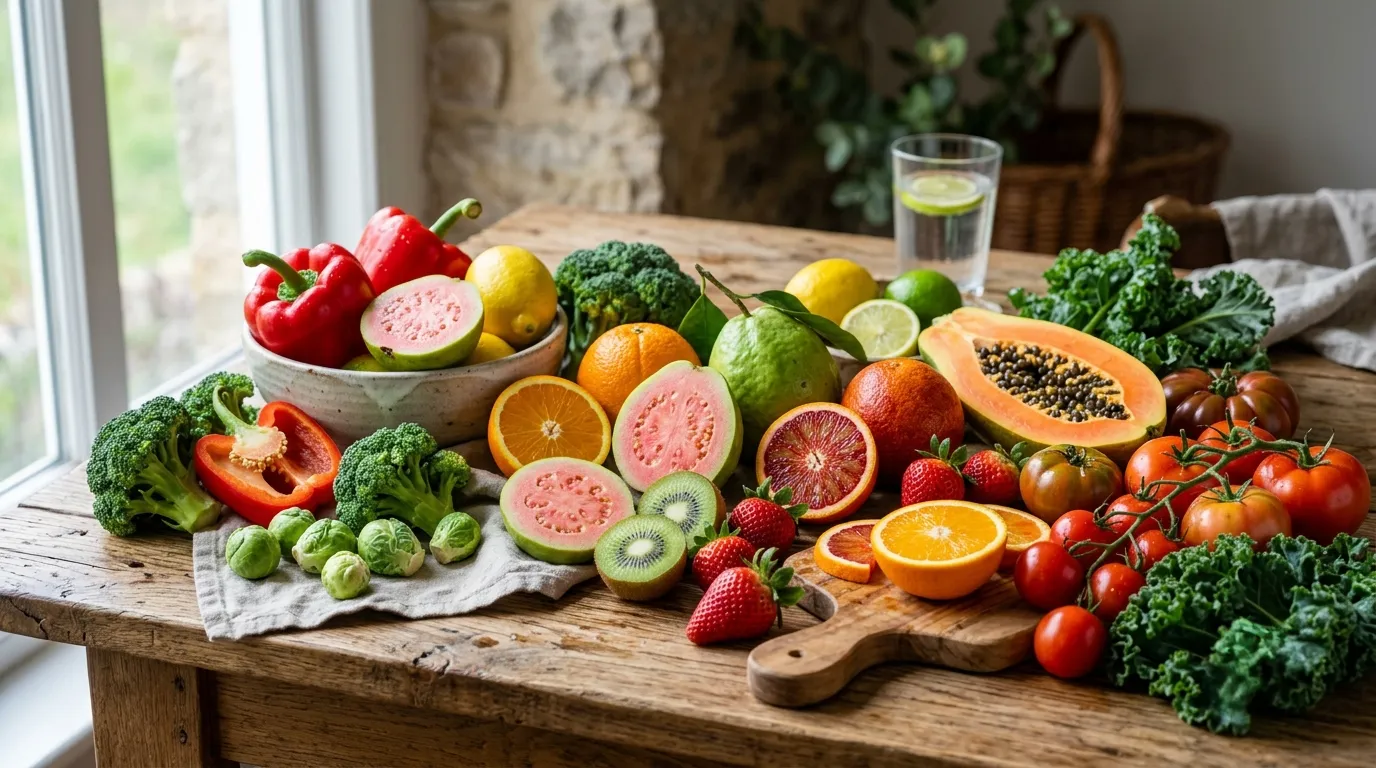 Colorful assortment of fresh fruits and vegetables naturally rich in vitamin C displayed on a wooden table.
