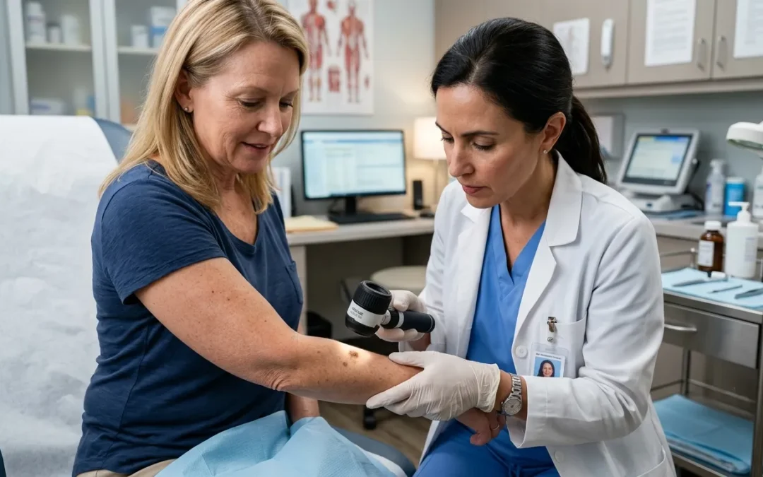 Dermatologist examining a suspicious mole on a patient's shoulder using a dermatoscope.