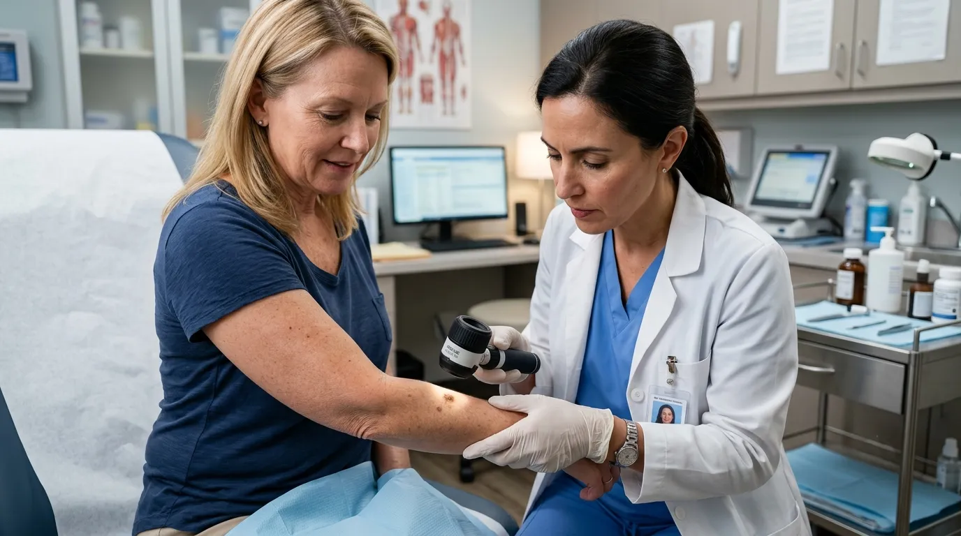 Dermatologist examining a suspicious mole on a patient's shoulder using a dermatoscope.