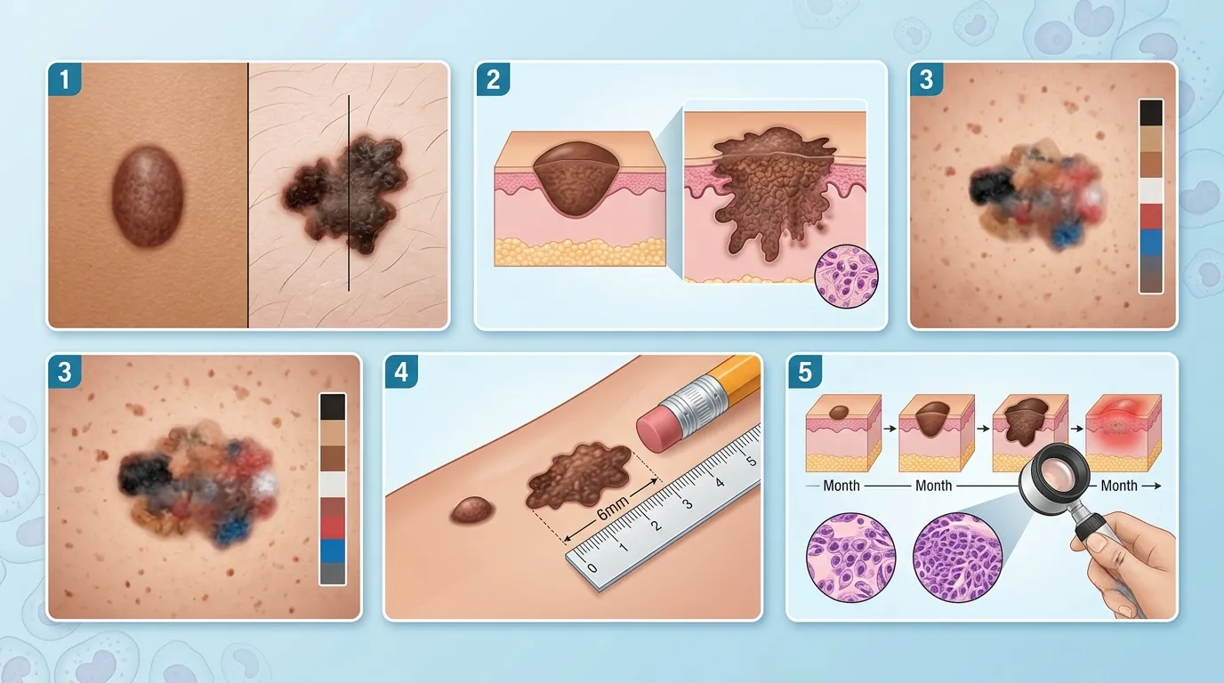 abcde-rule-melanoma-guide Medical illustration explaining the ABCDE rule used to evaluate suspicious moles.