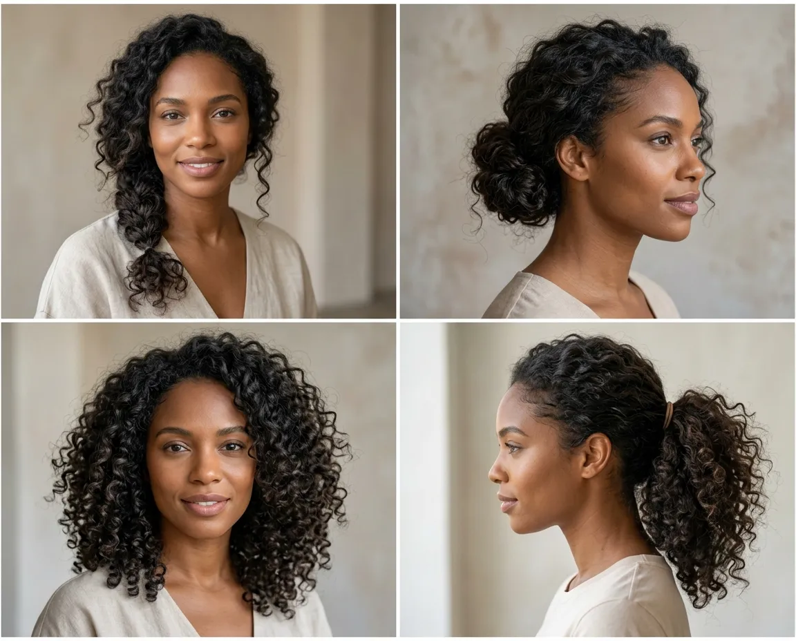 best-frizzy-hairstyles Collage of protective hairstyles suitable for naturally frizzy hair, including a loose braid, low bun, defined curls, and soft ponytail.