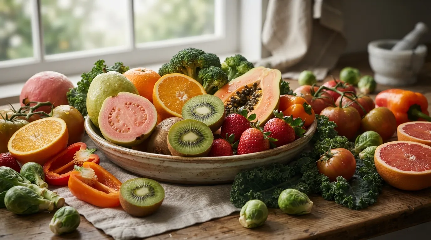 Collection of vitamin C-rich fruits and vegetables displayed on a wooden table.