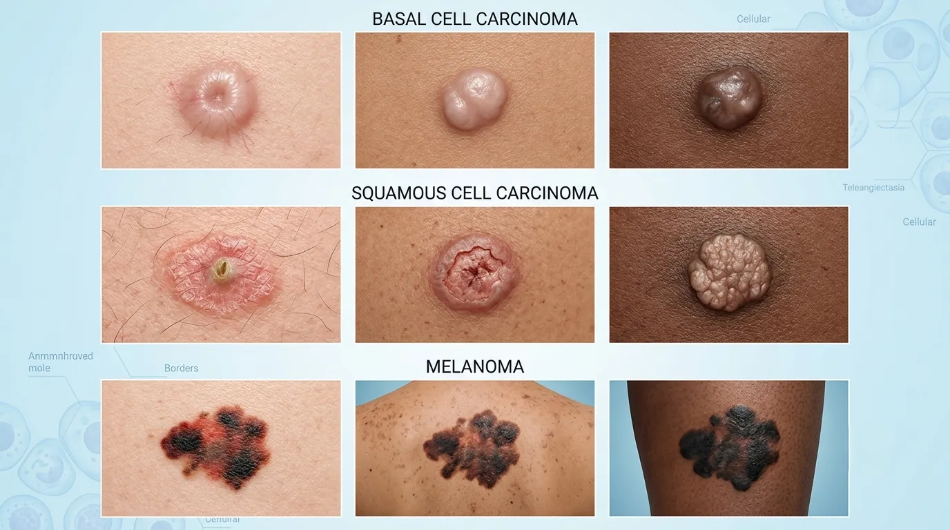 common-skin-cancer-appearances Educational comparison of common visual appearances of basal cell carcinoma, squamous cell carcinoma, and melanoma.
