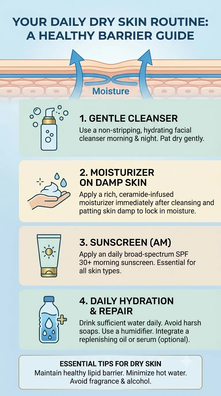 daily-dry-skin-routine Step-by-step skincare routine for managing dry skin.