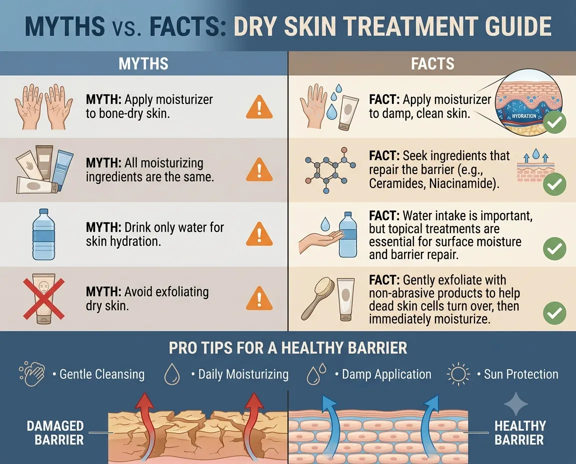 dry-skin-myths-vs-facts Educational comparison of common dry skin myths and evidence-based facts.