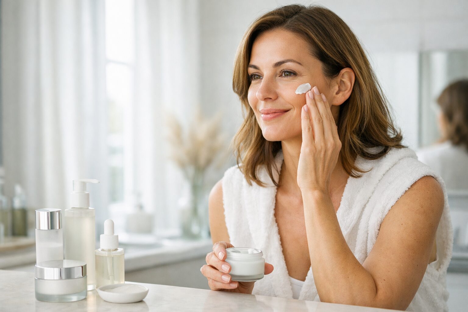 Person applying moisturizer to dry facial skin as part of a skin barrier repair routine.