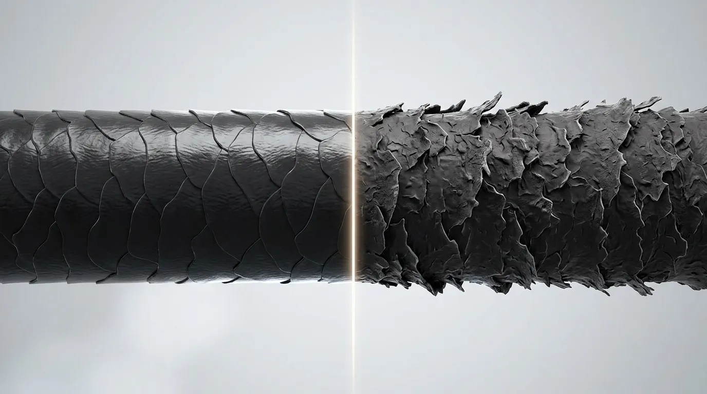 hair-cuticle-frizzy-hair Illustration showing healthy hair cuticle compared with frizzy hair caused by raised cuticles.