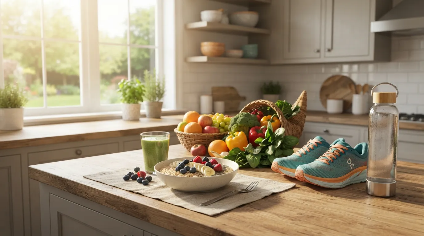 Healthy lifestyle including balanced meals, exercise, hydration, and vitamin C-rich foods.