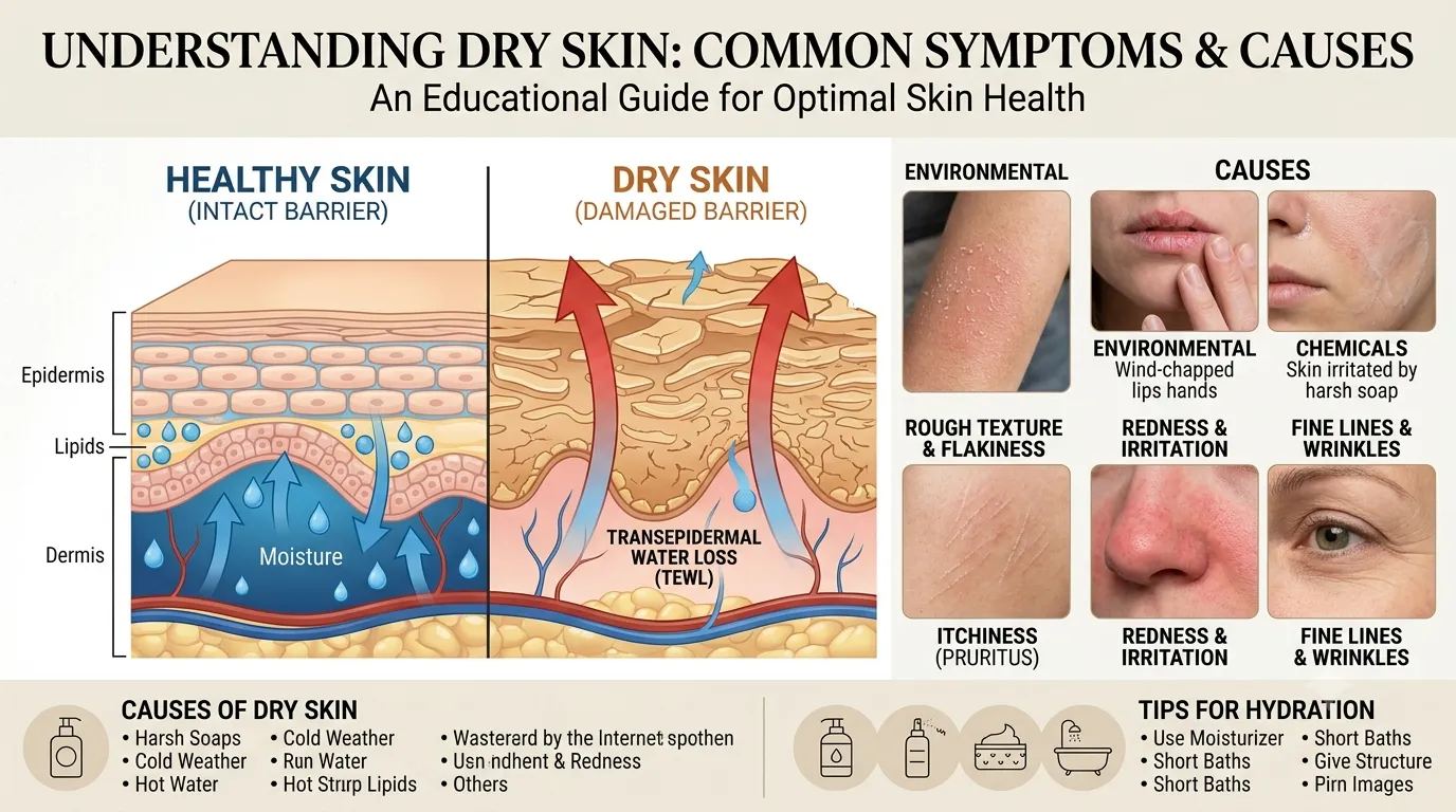 healthy-vs-dry-skin-barrier : Illustration highlighting common symptoms of dry skin, including flaking, itching, roughness, and scaling.