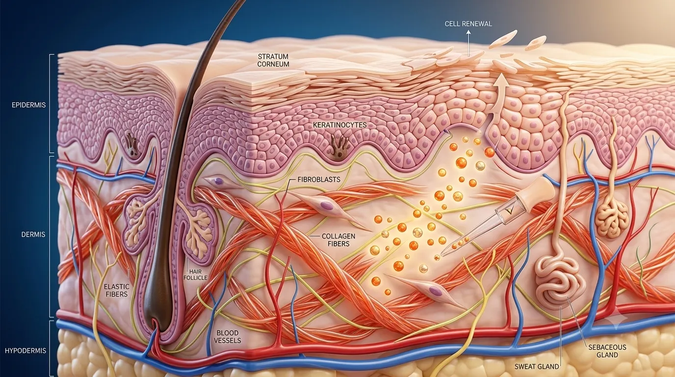 Scientific visualization showing how retinol supports skin cell turnover and collagen production.