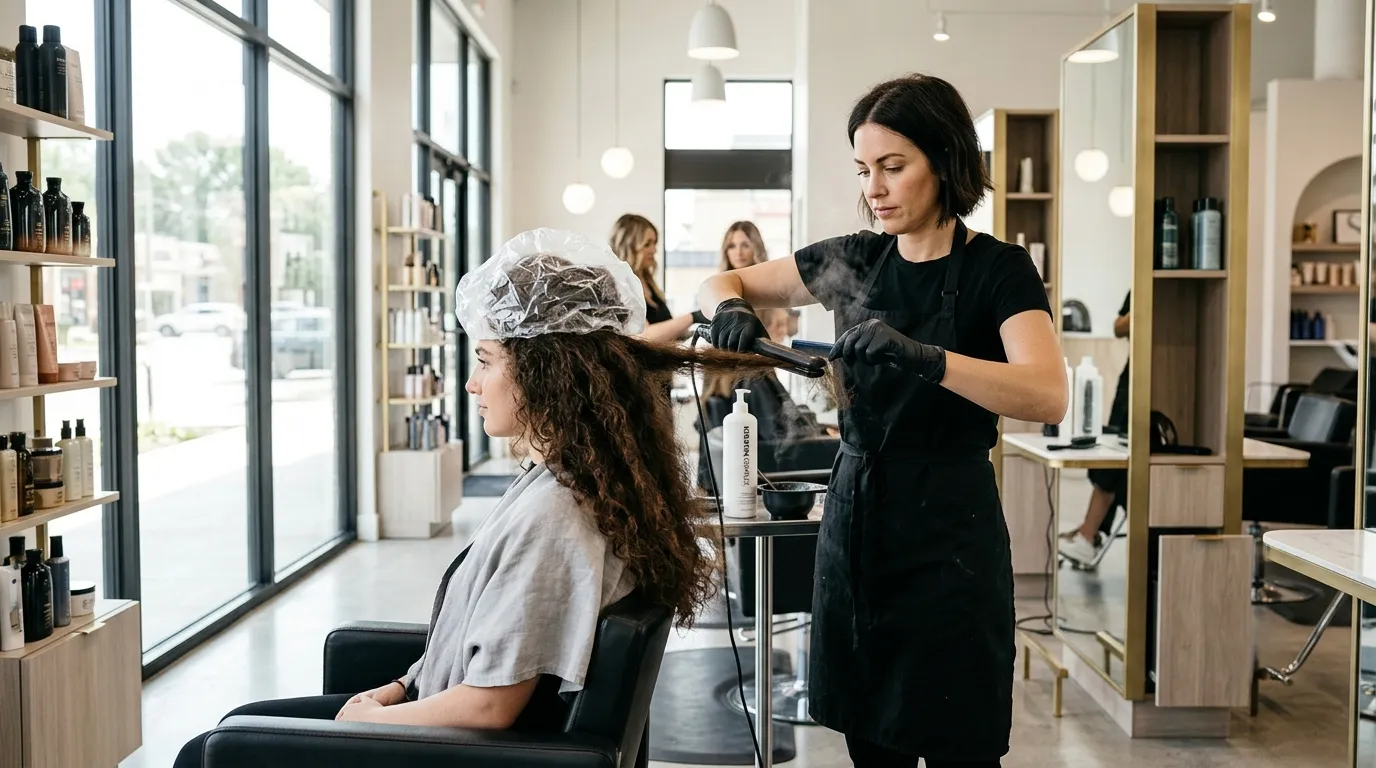 keratin-treatment-frizzy-hair Person applying leave-in conditioner and protecting hair from heat damage as part of a frizz-control routine.