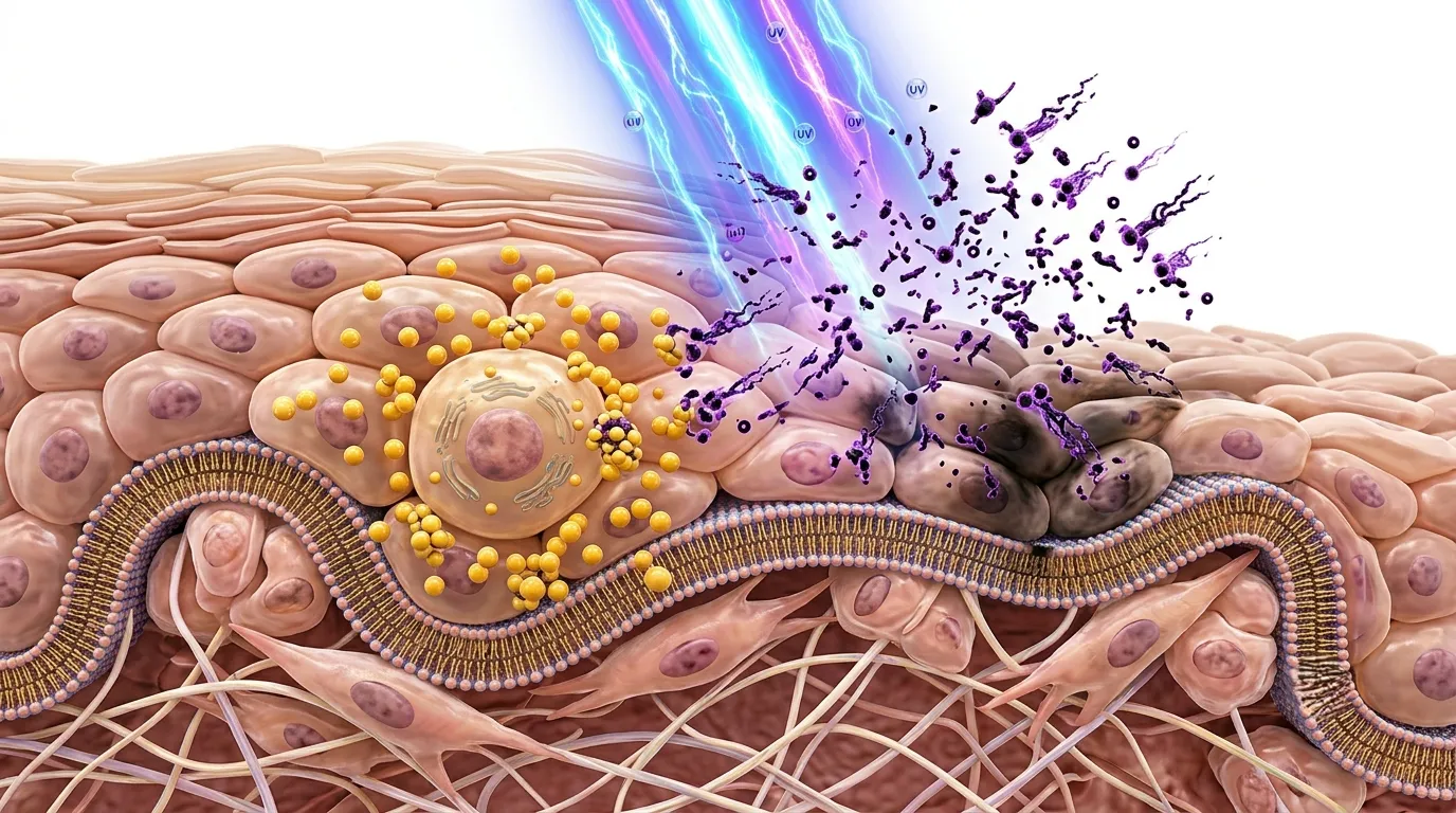Medical illustration showing vitamin C protecting skin cells from free radical damage.