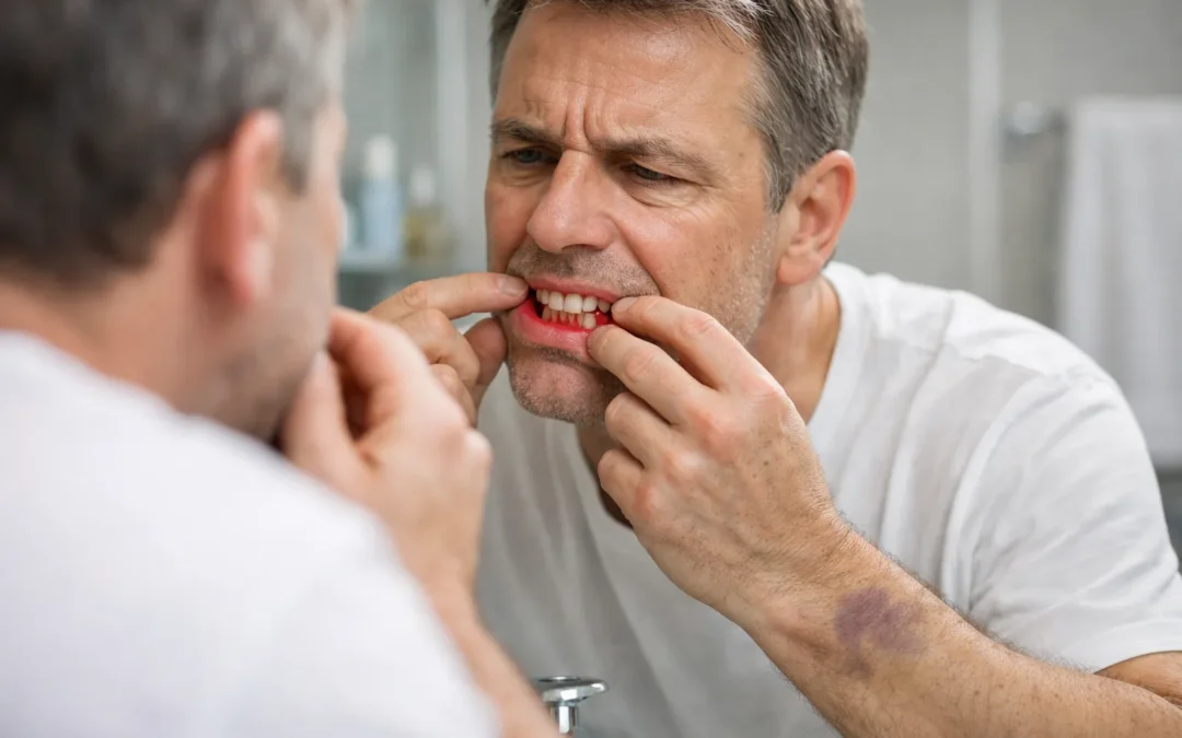 Adult examining bleeding gums and bruising, illustrating common signs of vitamin C deficiency.