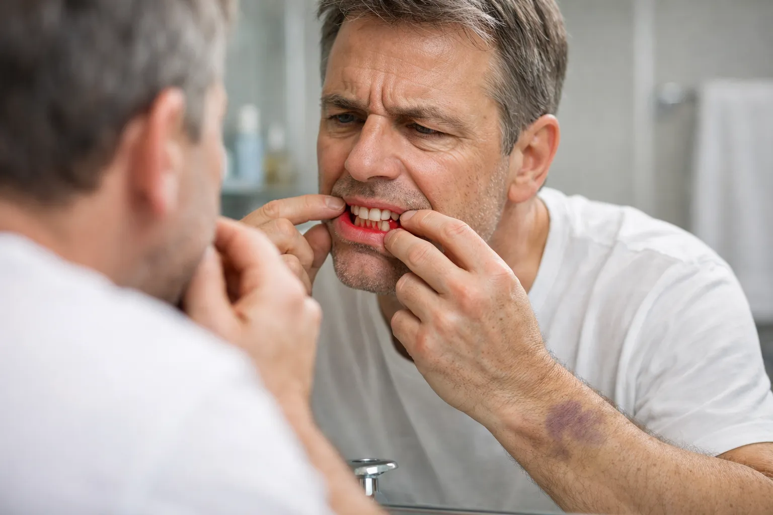 Adult examining bleeding gums and bruising, illustrating common signs of vitamin C deficiency.