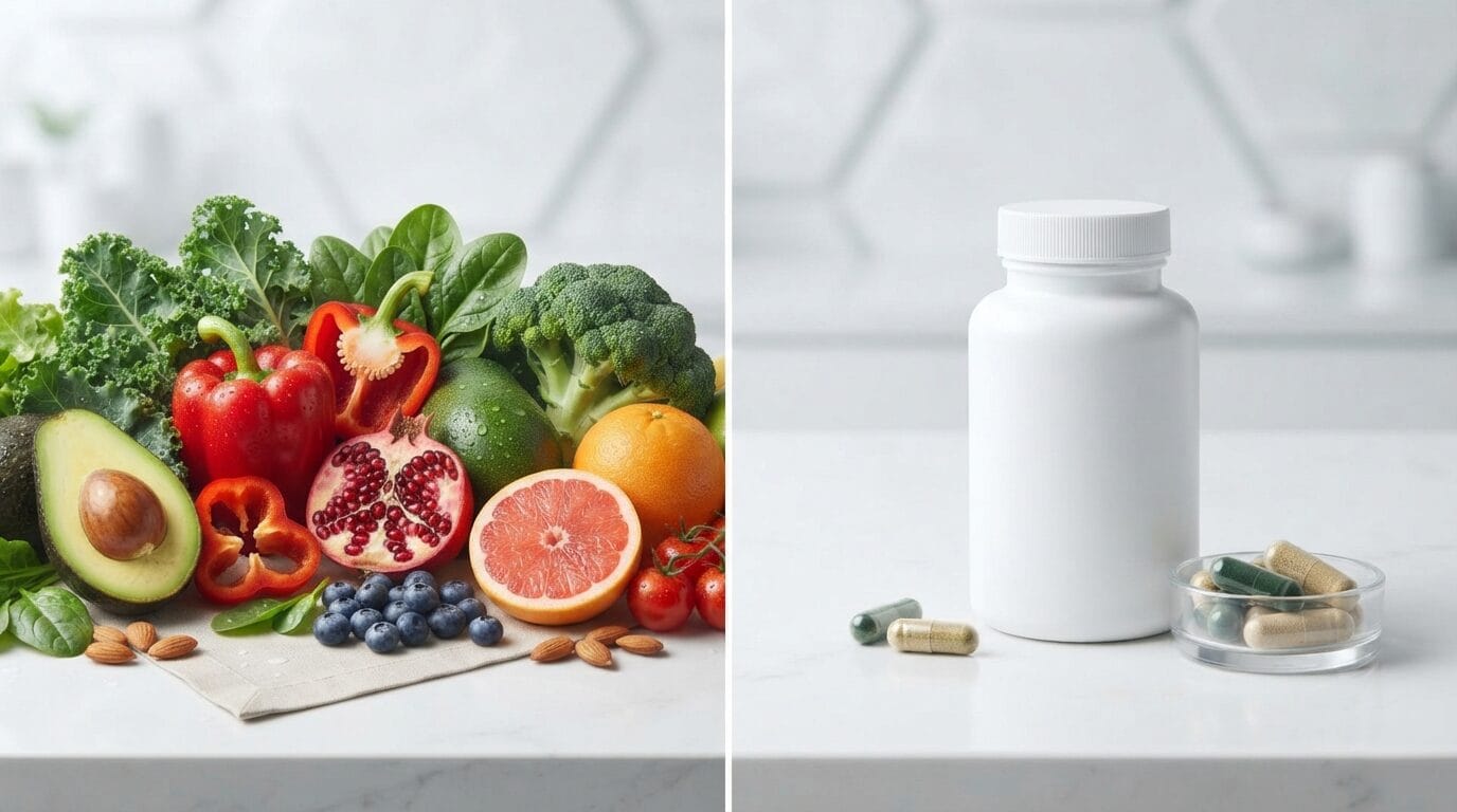 vitamin-c-food-vs-supplements Fresh fruits beside vitamin C supplement bottle illustrating food-first nutrition.